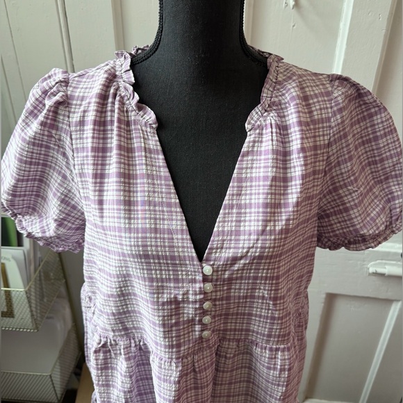 ModCloth Lavender Plaid Mini Dress Size Large V-Neck Short Sleeve Pockets EUC - Picture 3 of 12